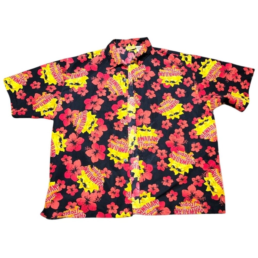 Vintage Hawaiian Tropic XXL Button-Up Shirt Black Red Yellow Floral Sun Logo